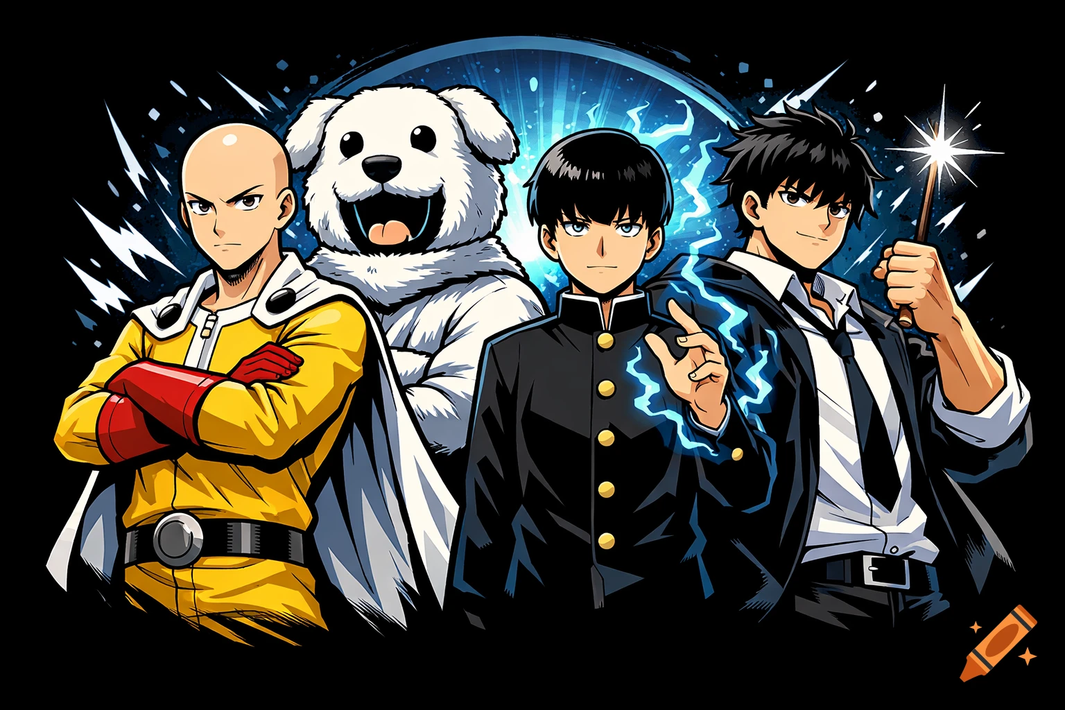 Four anime characters from different series stand in a confident lineup against a dark background with blue energy. From left, a bald superhero, a dog in a mascot suit, a boy with psychic energy, and a boy holding a magic wand.