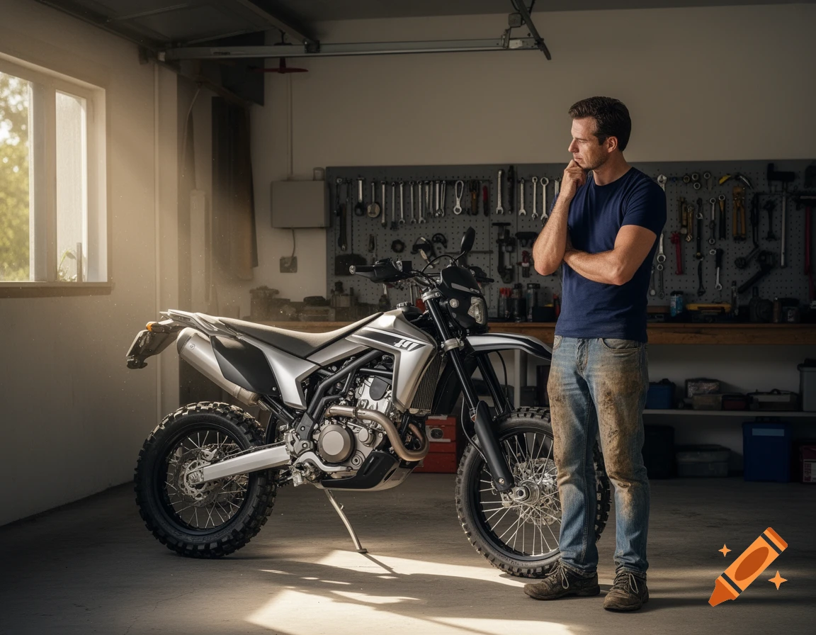 A man stands thoughtfully next to a new enduro motorcycle in a sunlit garage filled with tools.