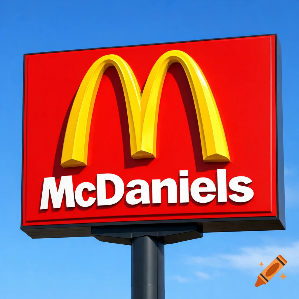 A photorealistic red sign with a golden 'M' logo and the white text 'McDaniels' against a blue sky.