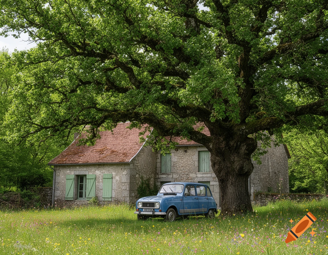 A blue vintage Renault 4 car parked on a grassy field with wildflowers in front of a stone house with green shutters, overshadowed by a large oak tree.