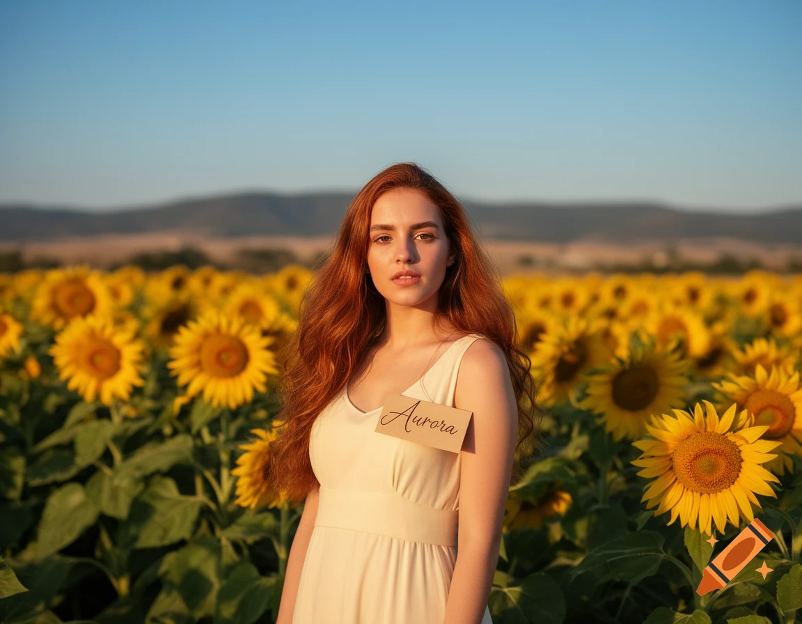A woman with long red hair wearing a white dress stands in a vibrant field of sunflowers under a clear blue sky, with a name tag reading 'Aurora'.