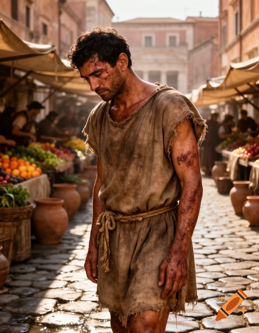 Photorealistic image of a dirty, injured man in a simple tunic, looking down in an ancient market street.