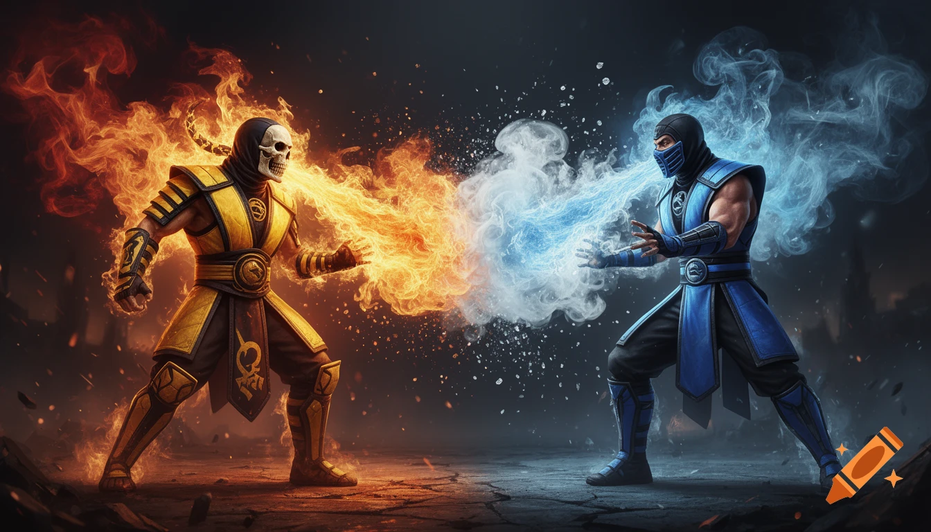 Mortal Kombat's Scorpion, unleashing fire, battles Sub-Zero, who sprays liquid nitrogen, in a dramatic, high-detail image.