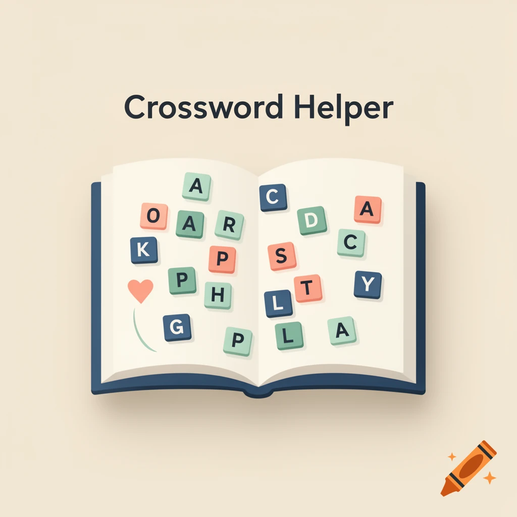 A stylized illustration of an open book with colorful letter tiles spelling out random letters, and the text 'Crossword Helper' above it, on a light background.