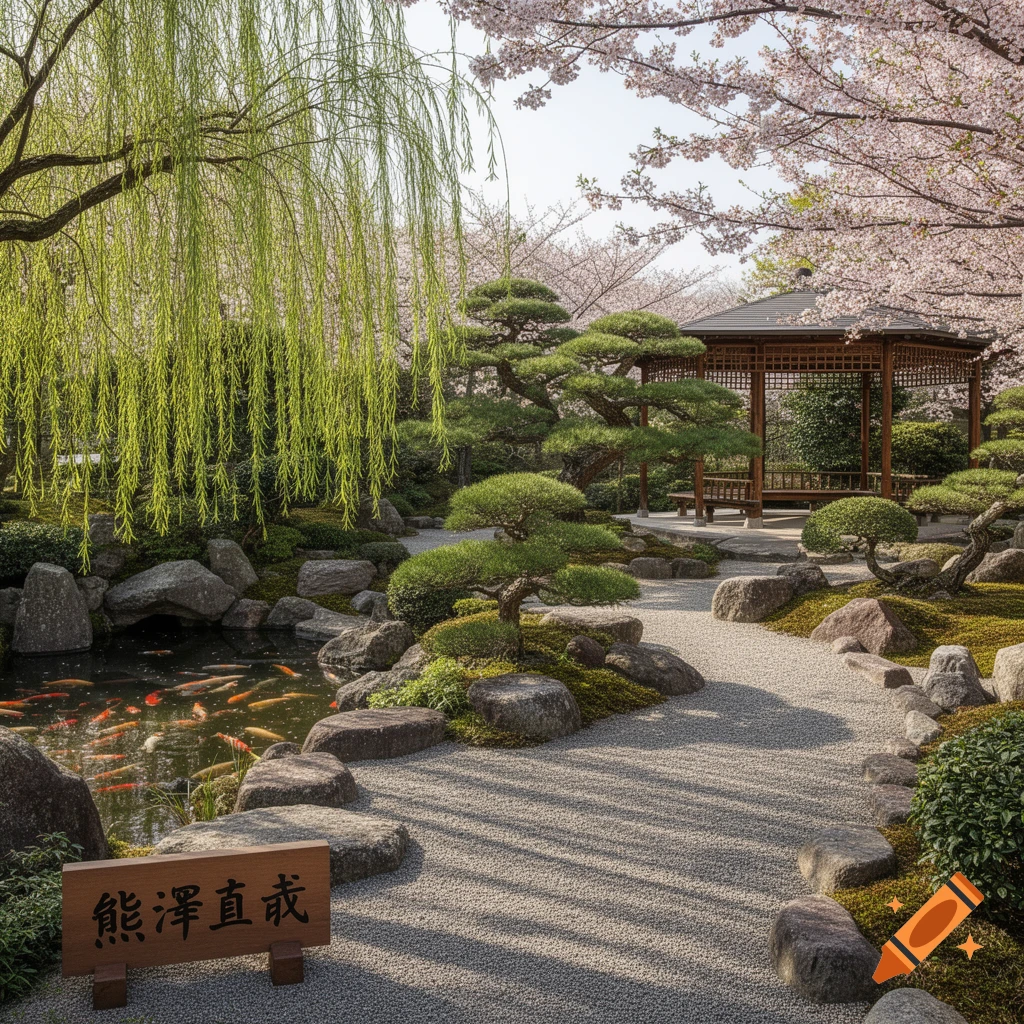 Serene photorealistic Japanese garden with a pond of koi fish, gravel path, wooden gazebo, and blooming cherry trees.