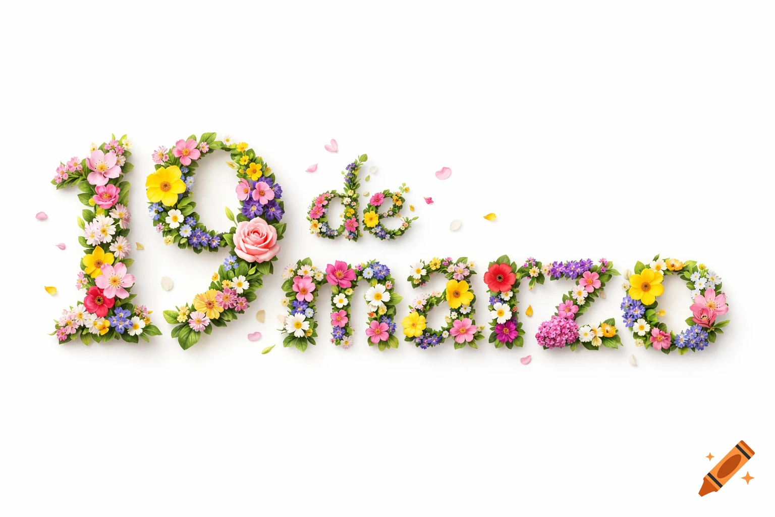 Floral typography spelling "19 de marzo" with colorful spring flowers, petals, and leaves on a white background.