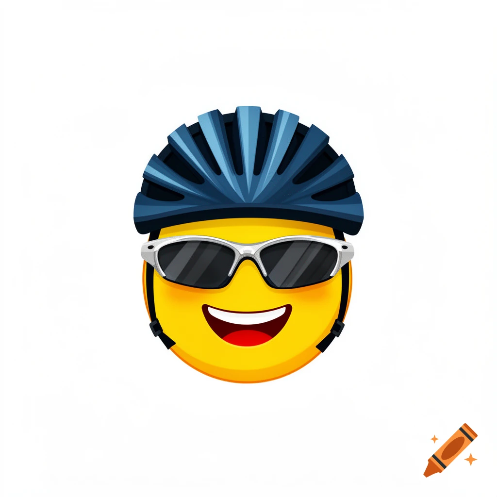 A smiling yellow emoji wearing a blue bike helmet and silver sports sunglasses.