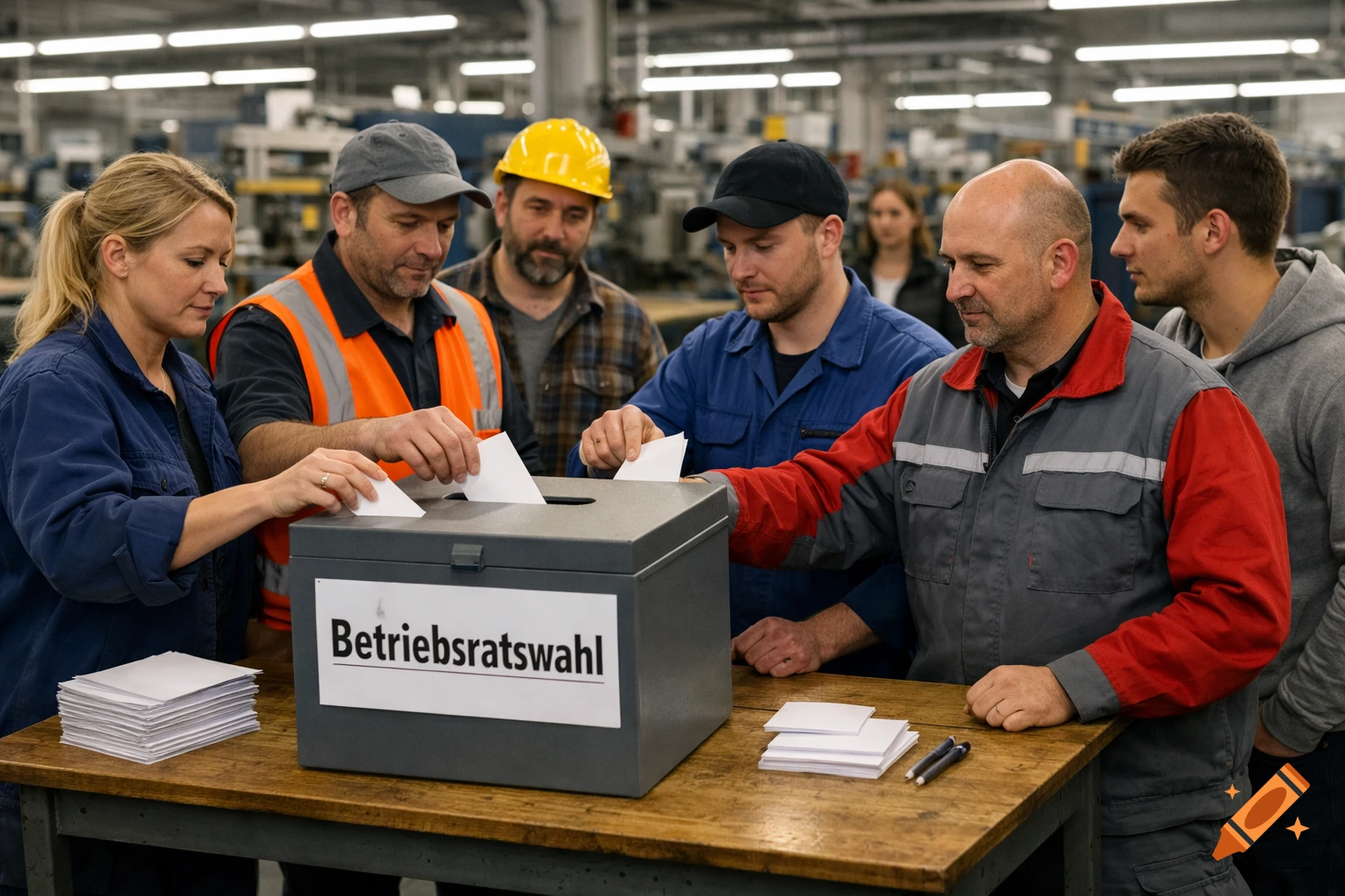 Workers vote in a factory, dropping ballots into a box labeled 'Betriebsratswahl', photorealistic.