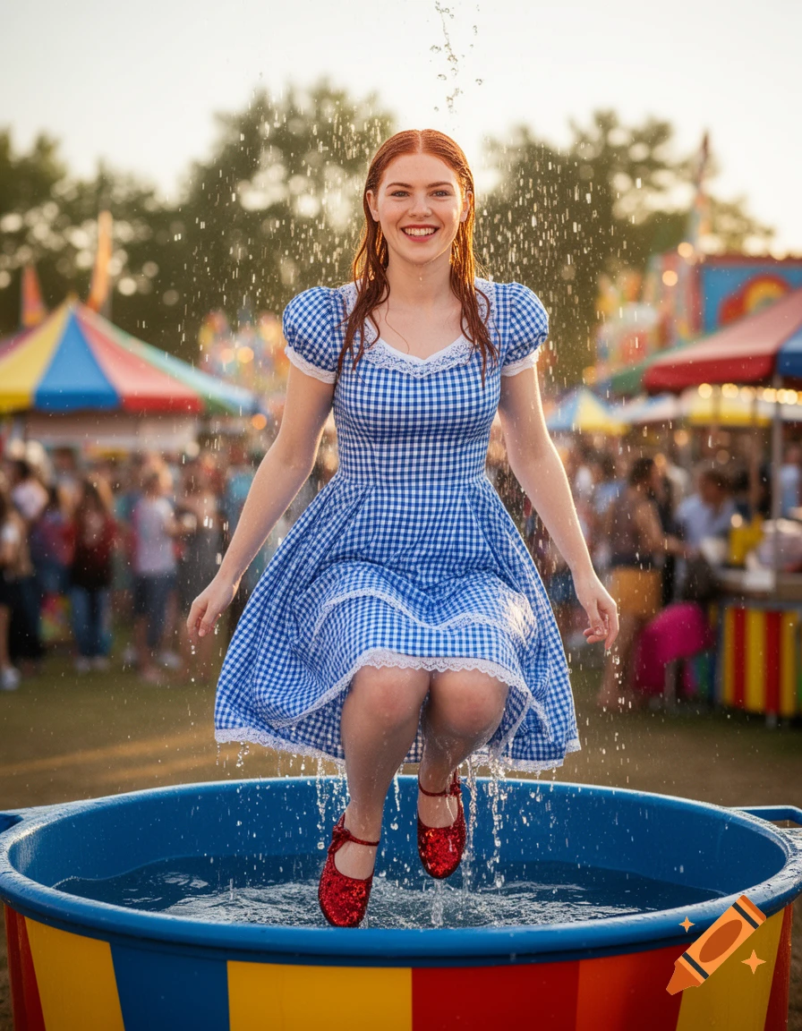 Photorealistic image of a smiling woman in a Dorothy costume and red glitter shoes, dripping wet after emerging from a dunk tank at a fair.