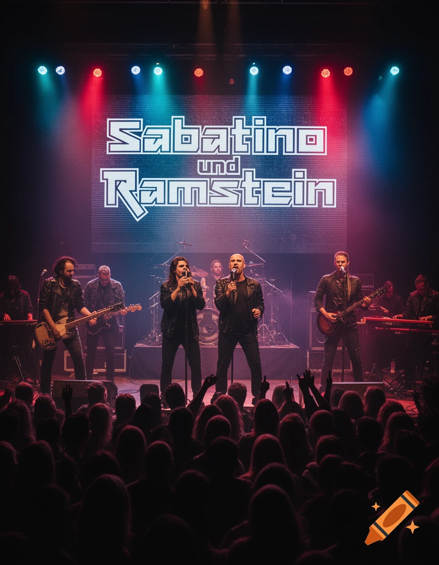 A band performs live on a stage, illuminated by red and blue lights, with 'Sabatino und Ramstein' on a screen above, viewed from the audience.