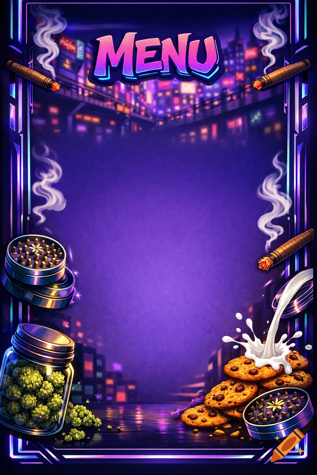 Vertical menu background with neon purple night city, featuring blunts, grinders, a jar of weed, cookies with milk, and 'MENU' text.