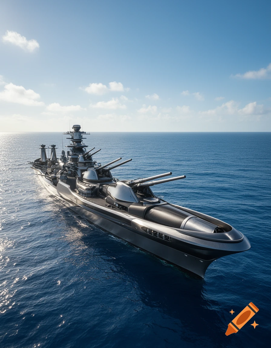 A sleek, futuristic battleship with multiple gun turrets sails on a vast blue ocean under a clear sky.