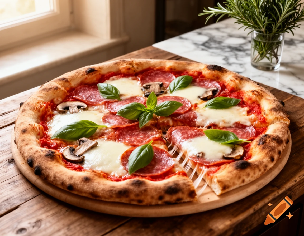 Photorealistic Italian pizza with salami, mushrooms, basil, and melted mozzarella cheese on a wooden table.