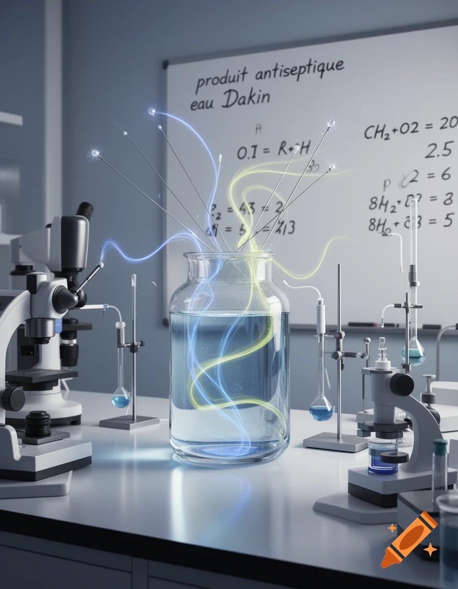 A brightly lit science laboratory with a large beaker containing swirling blue and yellow glowing liquids, surrounded by scientific instruments and a whiteboard with formulas.