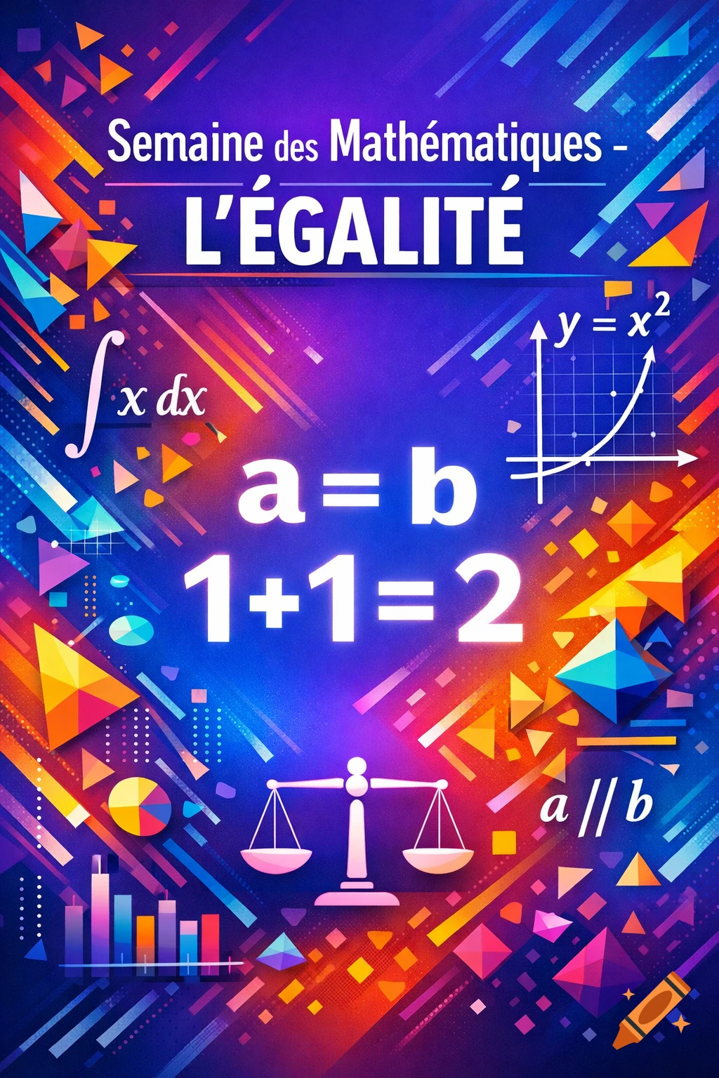 Vibrant educational poster for 'Semaine des Mathématiques – L’ÉGALITÉ' with mathematical equations, symbols, and a balance scale on a colorful abstract background.