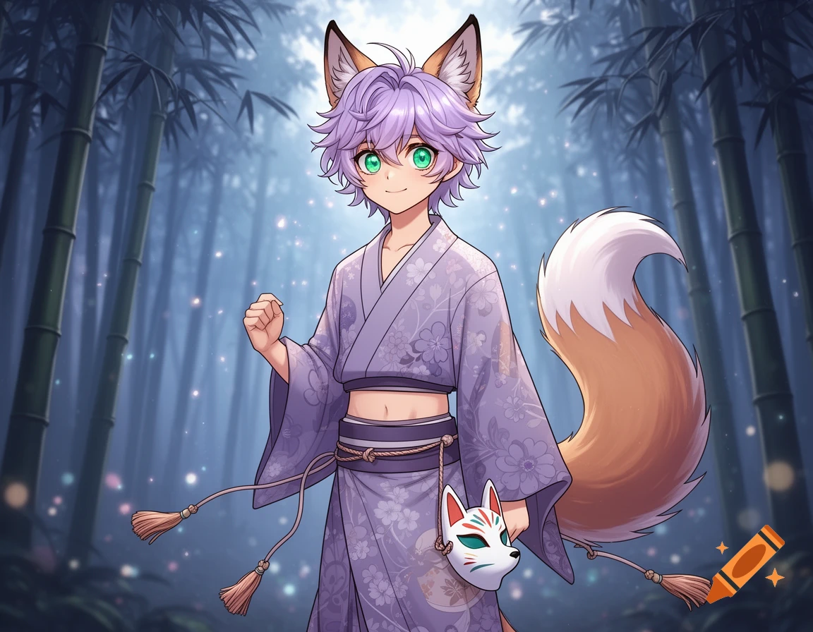 Anime fox boy with purple hair and green eyes, wearing a purple kimono, holding a kitsune mask in a mystical bamboo forest.