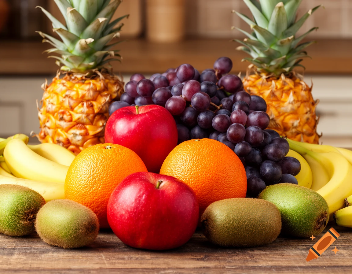 A close-up shot of an arrangement of fresh fruits including pineapples, grapes, red apples, oranges, bananas, and kiwis on a wooden table.
