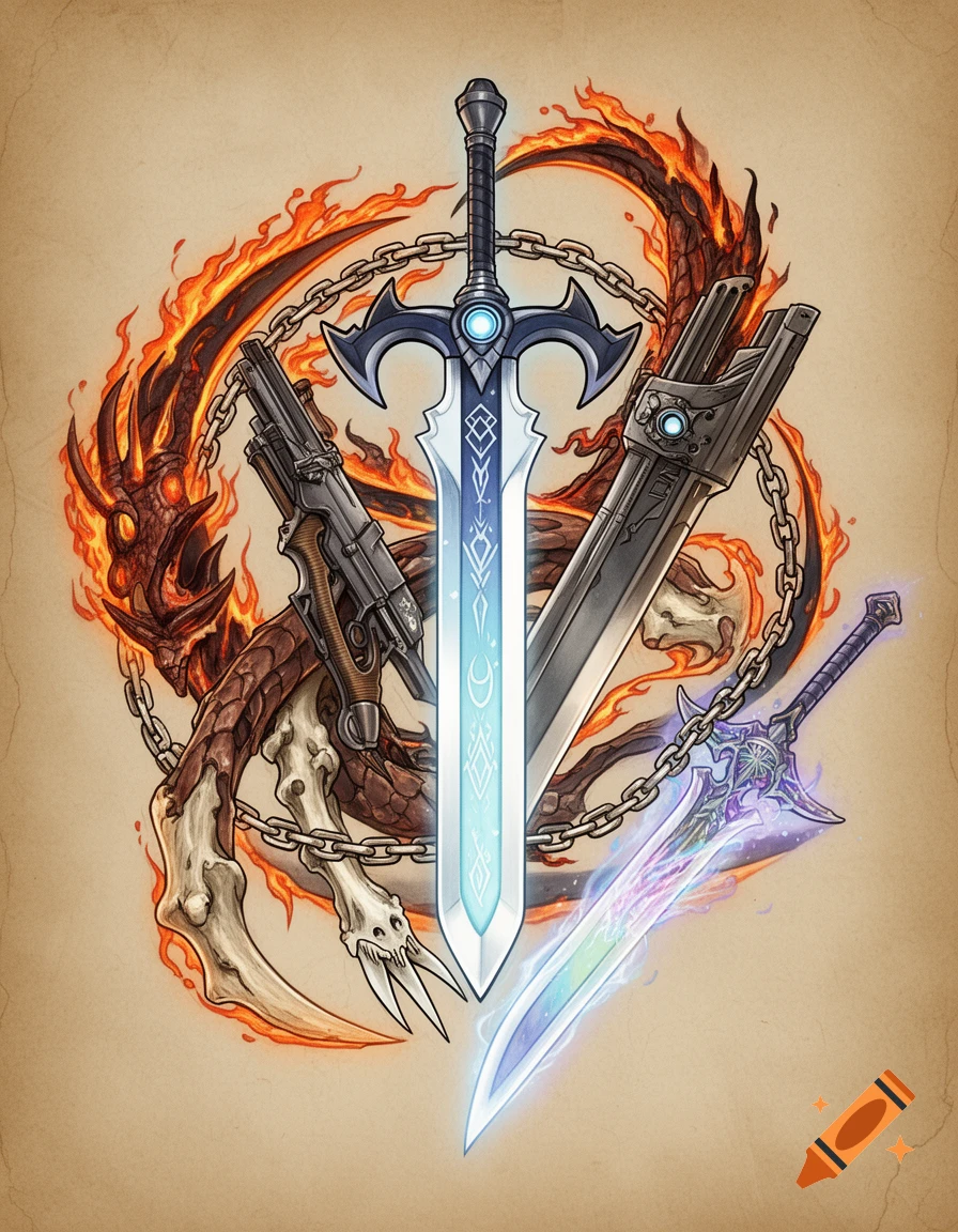 A tattoo design features multiple fantasy weapons, including a glowing blue sword, two chain blades, a gunblade, and a glowing rainbow sword, all intertwined with a fiery, skeletal creature on a parchment background.