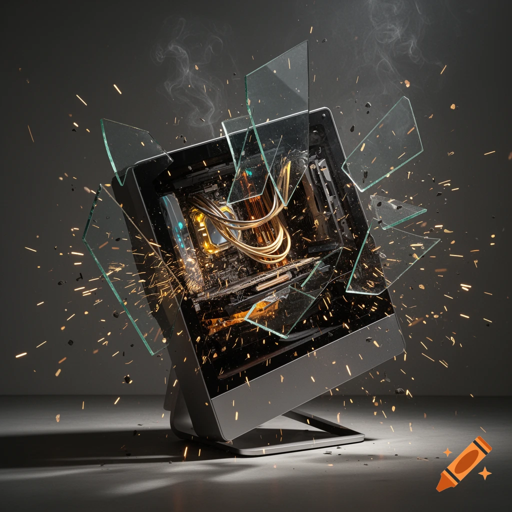 Photorealistic depiction of a computer monitor exploding, sending glass shards and sparks flying with smoke rising from internal components.