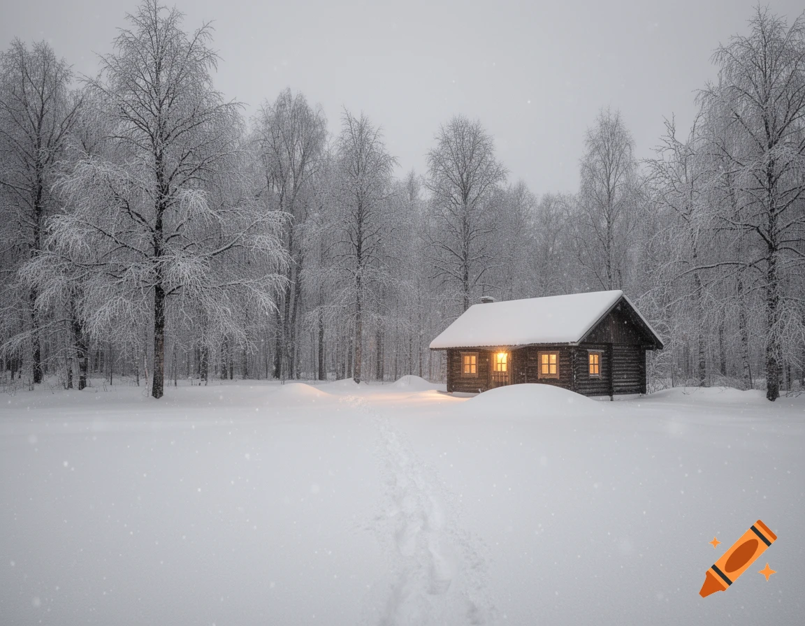 A log cabin with glowing windows sits in a serene, snow-covered forest during a winter snowfall, with footprints leading to it.