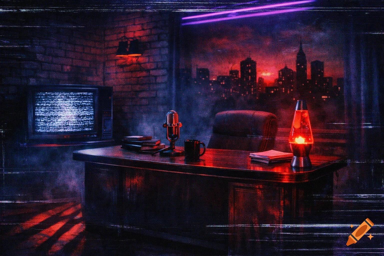 Dark, retro 90s late-night studio with vintage mic, lava lamp, static TV, and city skyline, with VHS glitch filter.