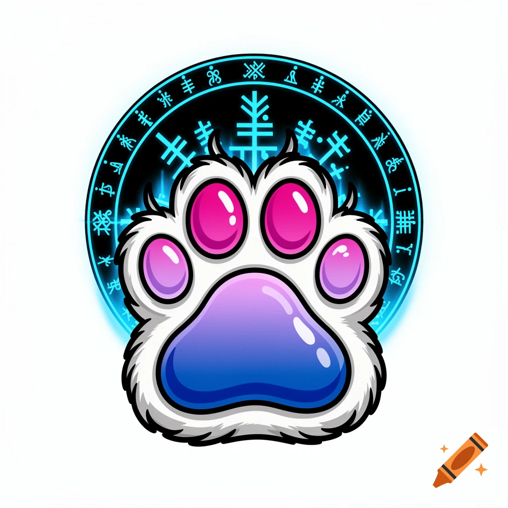 A colorful cartoon-style furry paw print with bisexual pride flag gradient pads. Behind it is a black Vegvisir symbol with glowing neon-blue cyber accents, on a white background, in New School tattoo style.