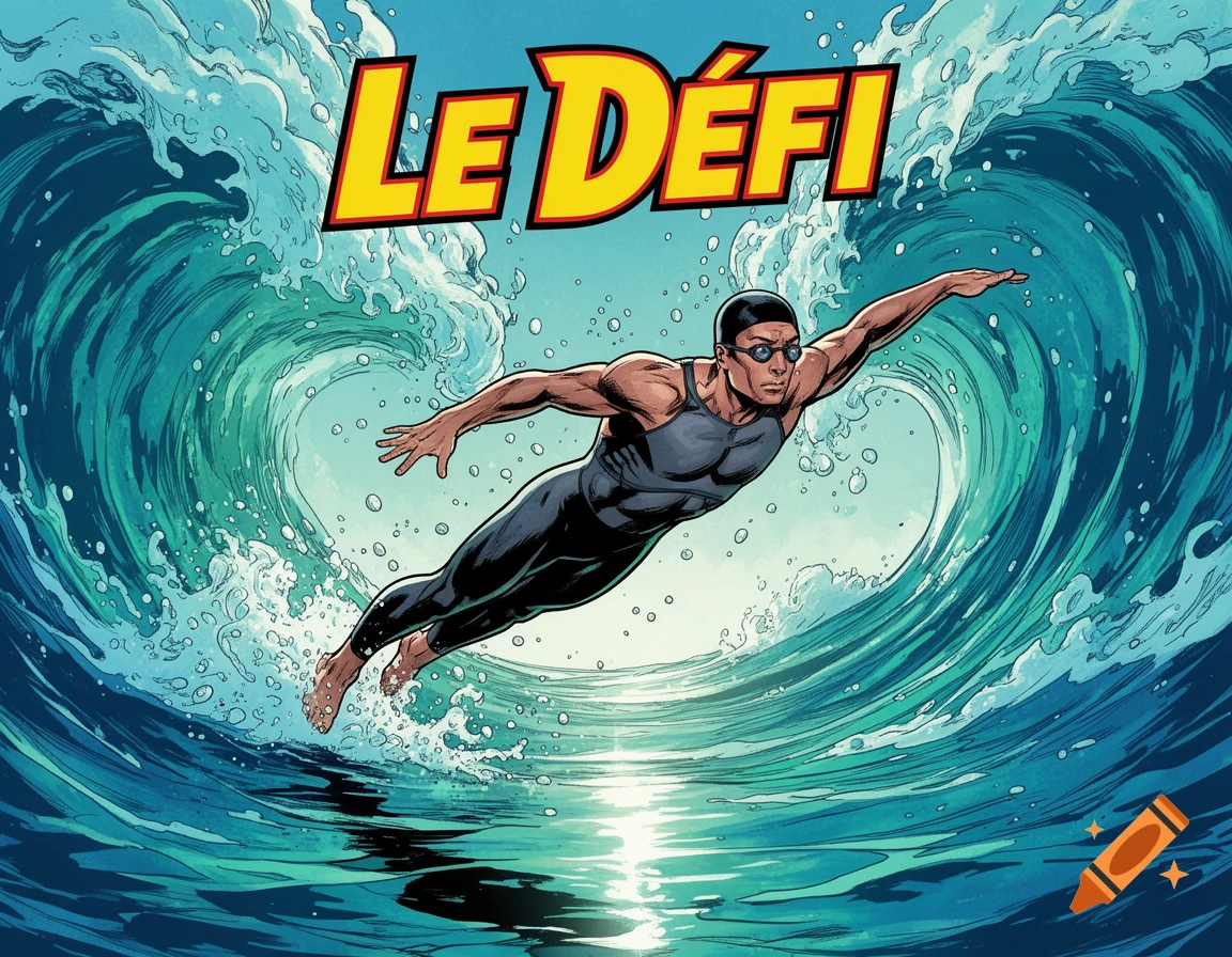 Comic book illustration of a male swimmer in a wetsuit and goggles, leaping over ocean waves with 'LE DÉFI' text.