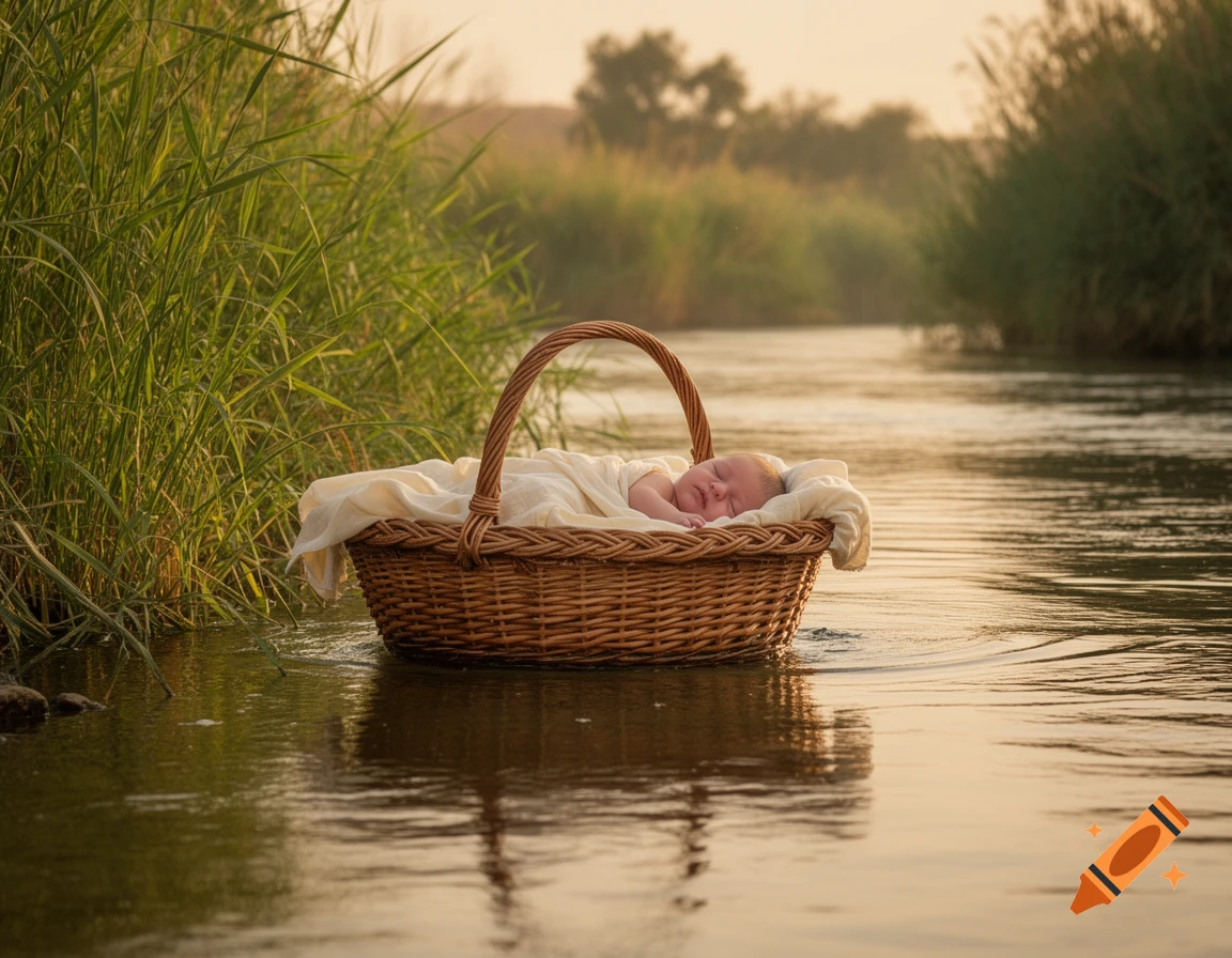 A sleeping baby swaddled in white cloth inside a wicker basket floating on a calm river among tall green reeds.
