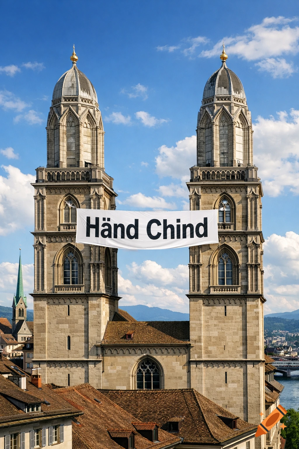 A close-up view of two tall, stone church towers with golden domes connected by a white banner reading "Händ Chind" against a blue sky, overlooking a city.