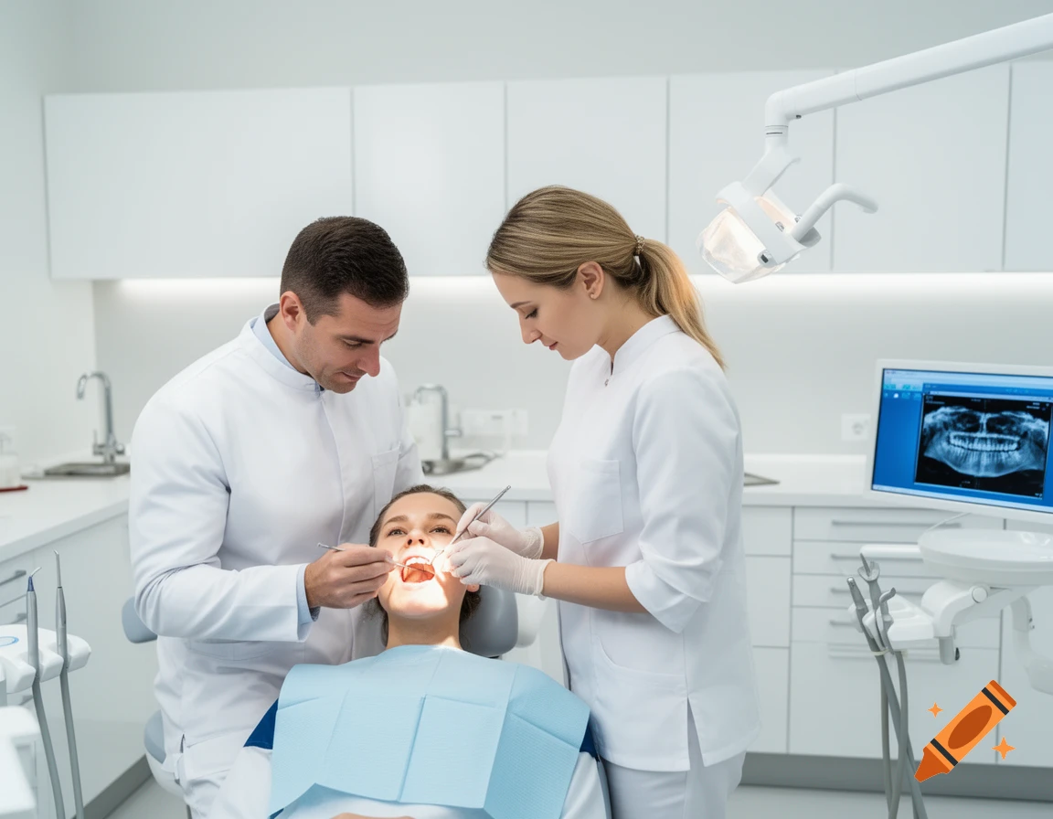 A male dentist and a female assistant examining a patient's teeth in a modern dental office.