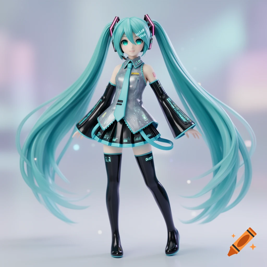 A detailed 3D render of Hatsune Miku, a teal-haired anime character, standing in her signature costume.
