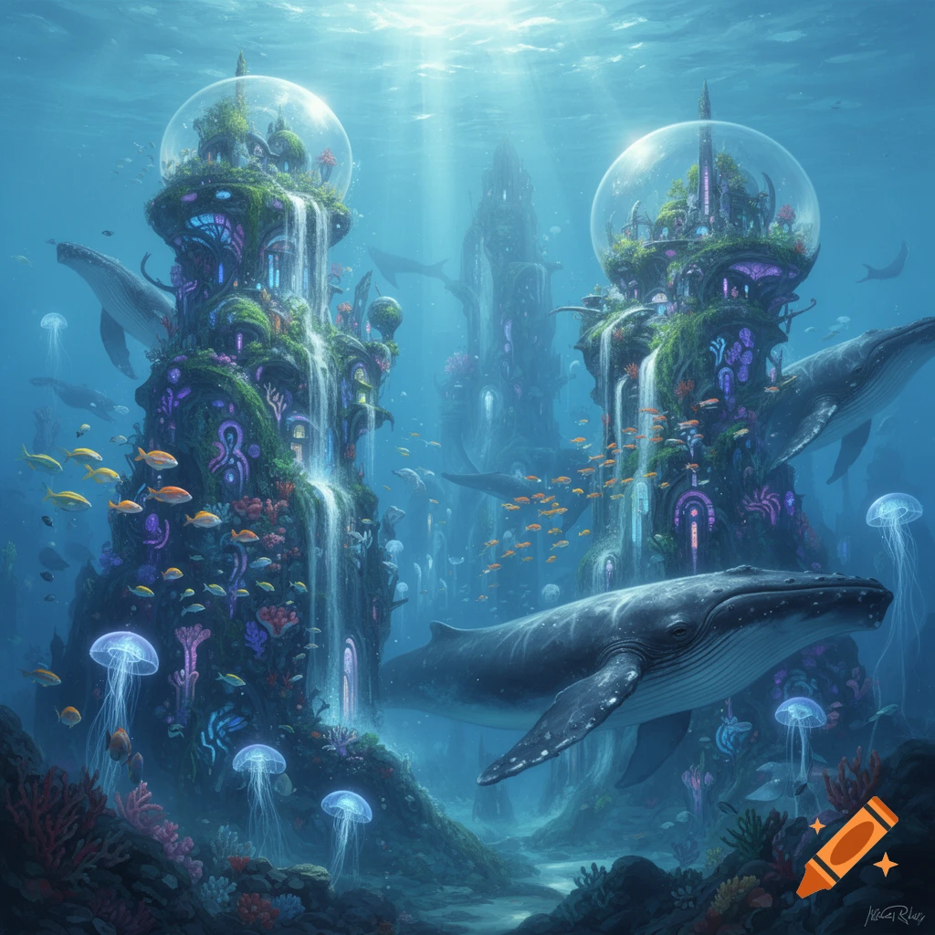 Vibrant underwater fantasy scene with whales swimming around intricate cities built on coral structures, featuring waterfalls and jellyfish.