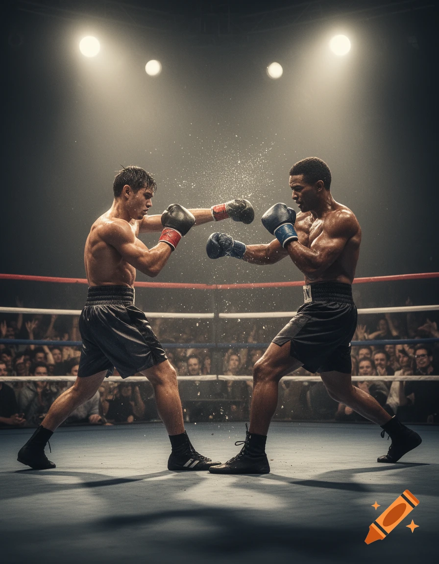 Two muscular boxers spar in a spotlighted ring, one landing a punch that causes sweat to spray, with a blurred crowd watching in the background.
