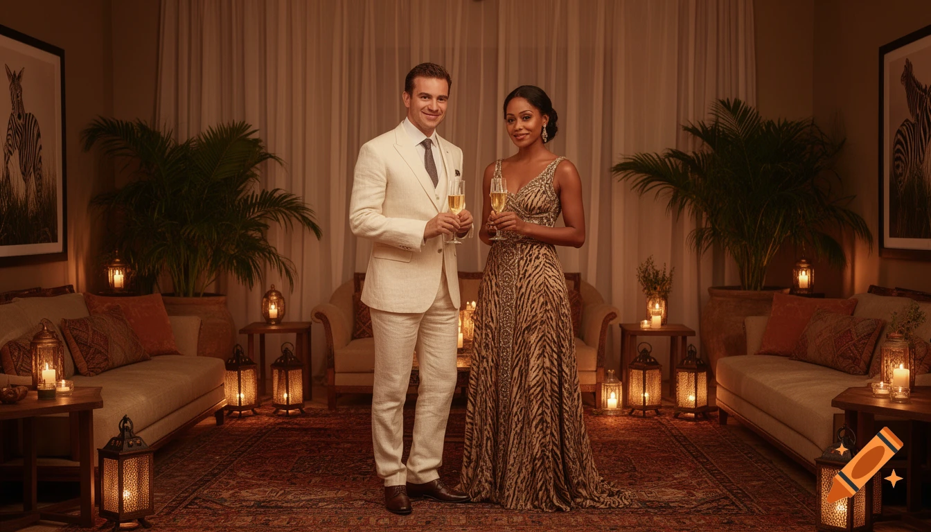 A man in a cream suit and a woman in an animal print gown hold champagne flutes in an elegant, safari-themed room at a gala.