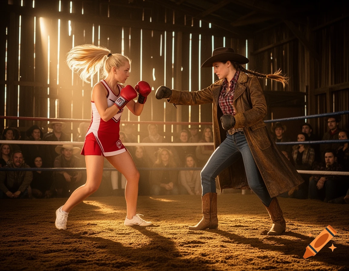 A blonde cheerleader in a red and white outfit boxes a brunette cowgirl in a barn, with a crowd watching.