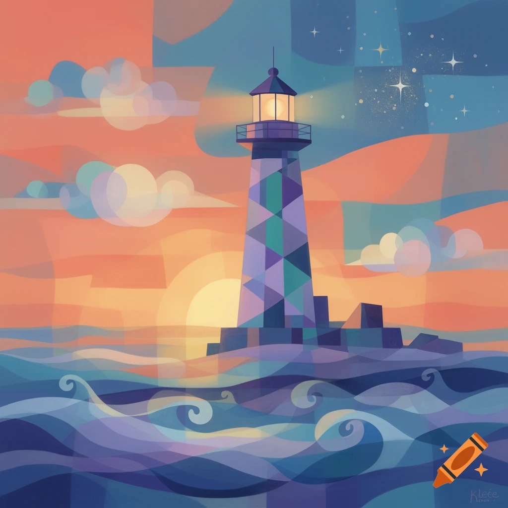 A geometric, abstract lighthouse at sunset over a wavy sea, with stars in the sky, in the style of Paul Klee.