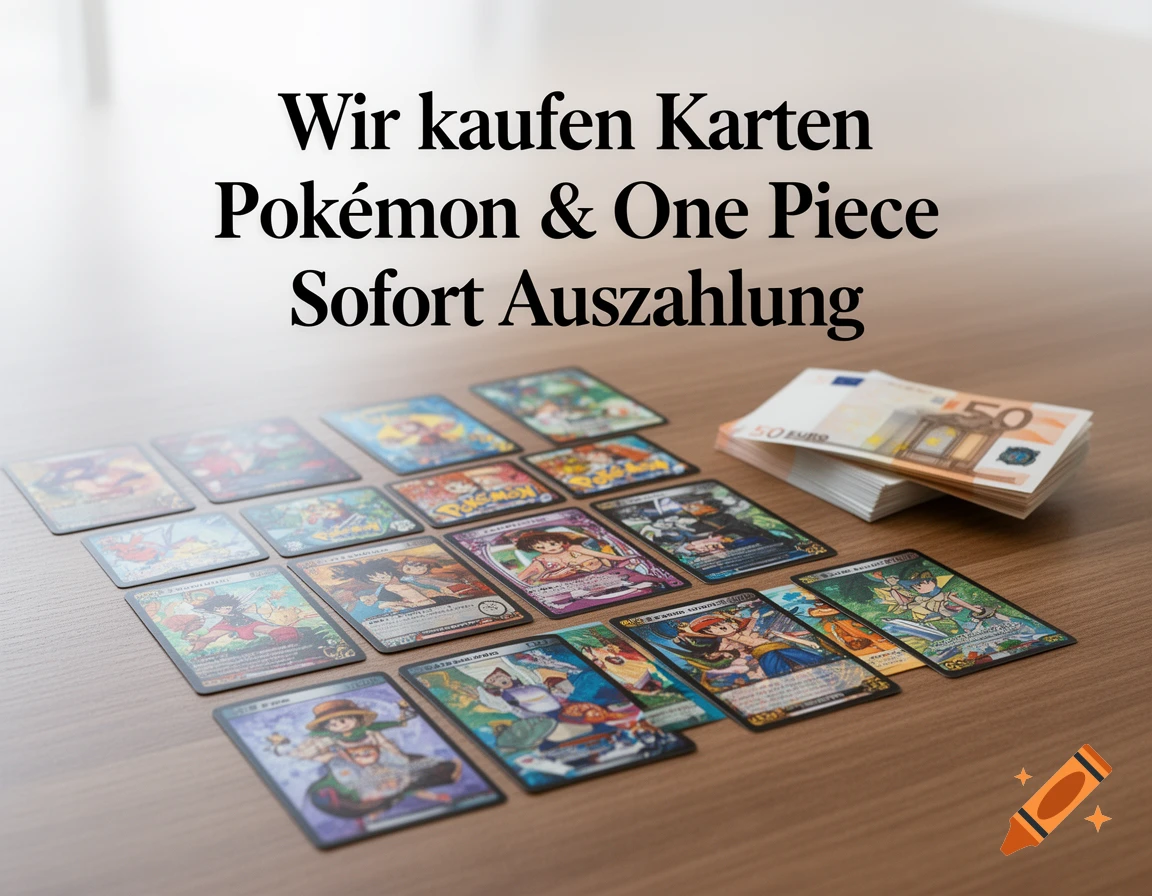 Many Pokémon and One Piece trading cards and Euro banknotes on a wooden table, with German text 'Wir kaufen Karten Pokémon & One Piece Sofort Auszahlung'.