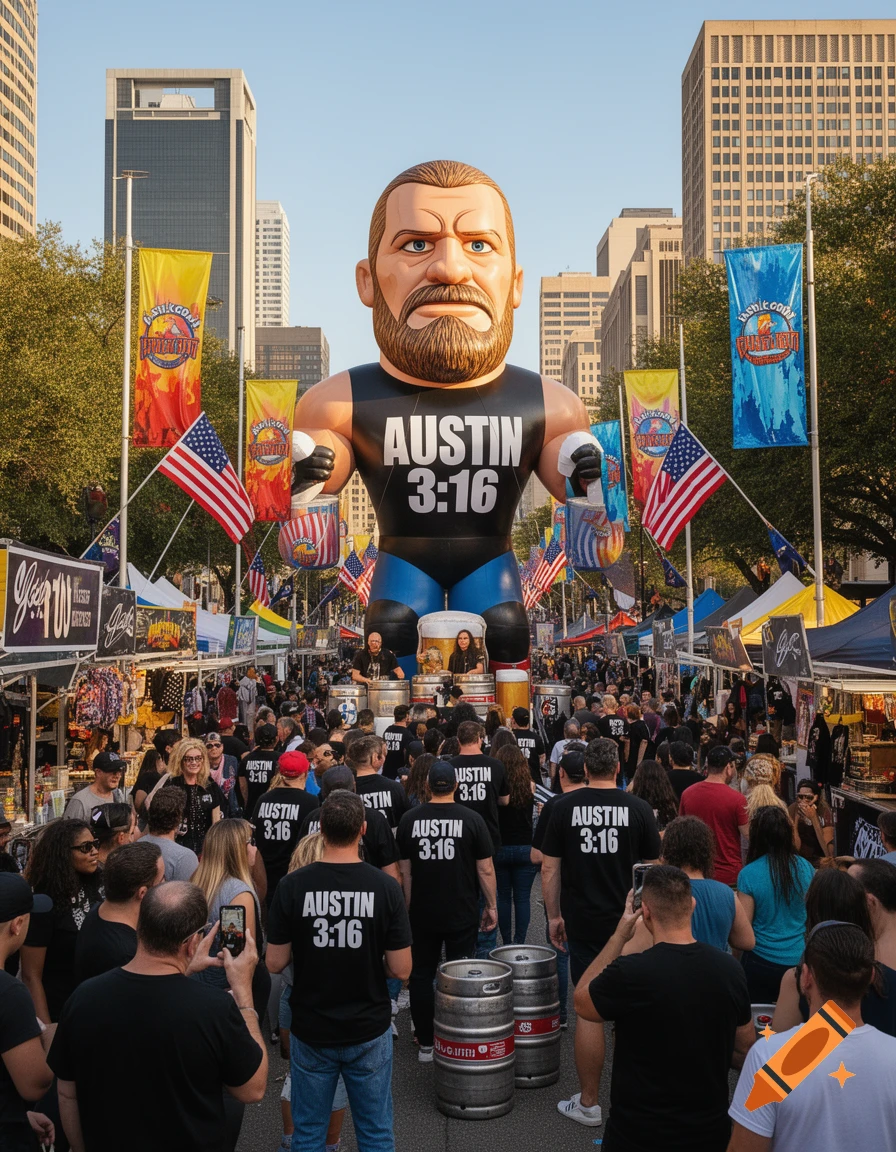 A crowded outdoor street festival features a giant inflatable Stone Cold Steve Austin figure with "Austin 3:16" on its chest. Many attendees wear matching shirts.