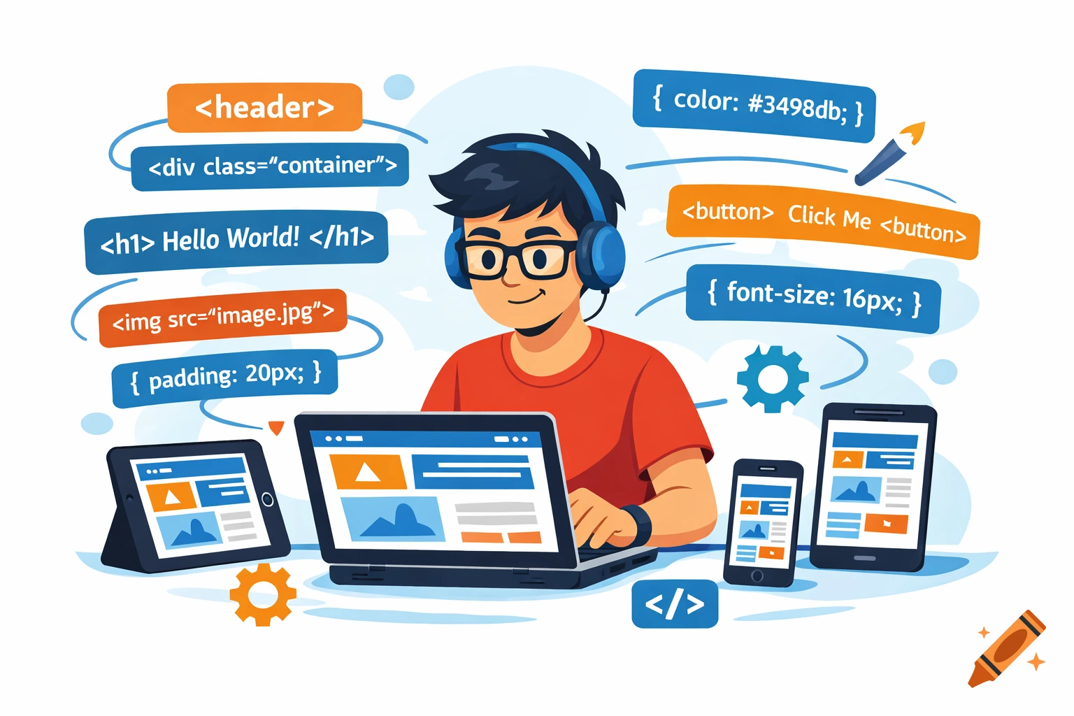 Flat vector illustration of a web developer coding on a laptop, surrounded by HTML/CSS code, with responsive designs on a tablet and phone.
