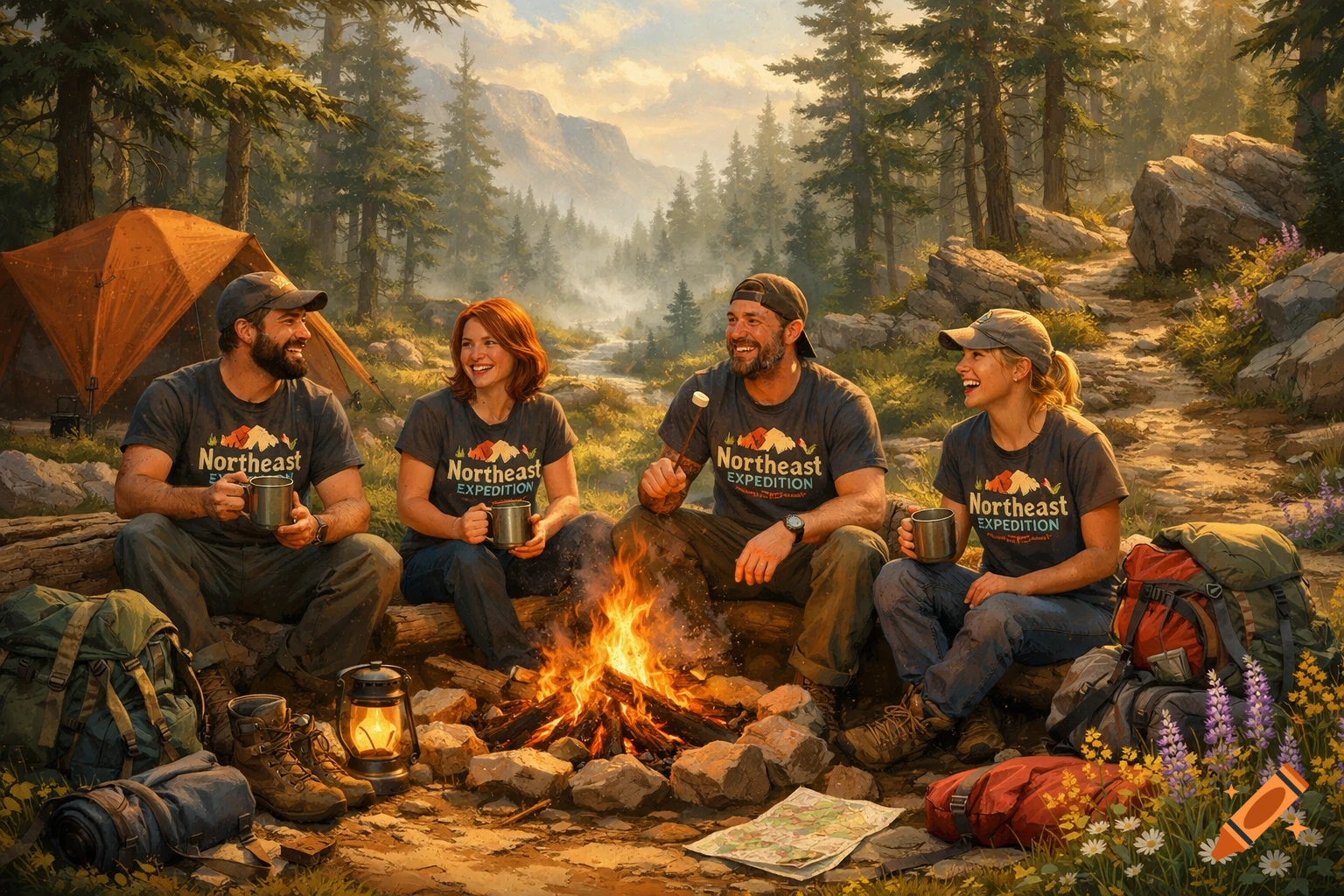 Four happy campers sit around a campfire at sunset, wearing matching 'Northeast Expedition' t-shirts in a forested mountain setting.