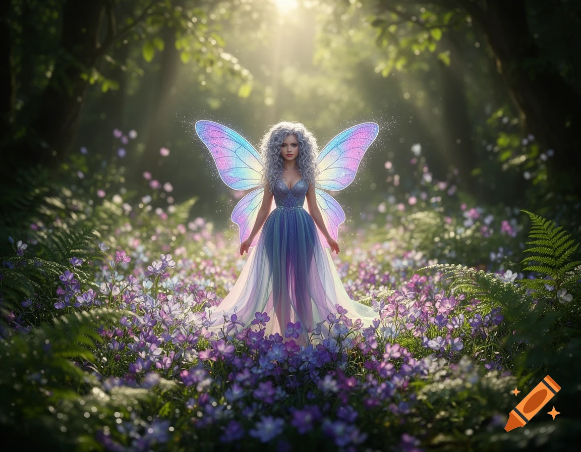 A beautiful fairy with iridescent wings stands in a lush, magical forest filled with purple flowers and sunbeams.