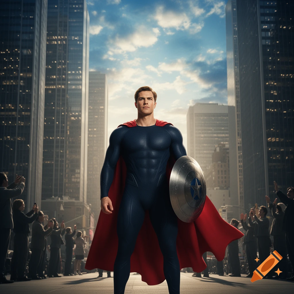 A photorealistic image of a superhero in a dark blue suit, red cape, and silver shield standing on a city street with tall buildings and a crowd.