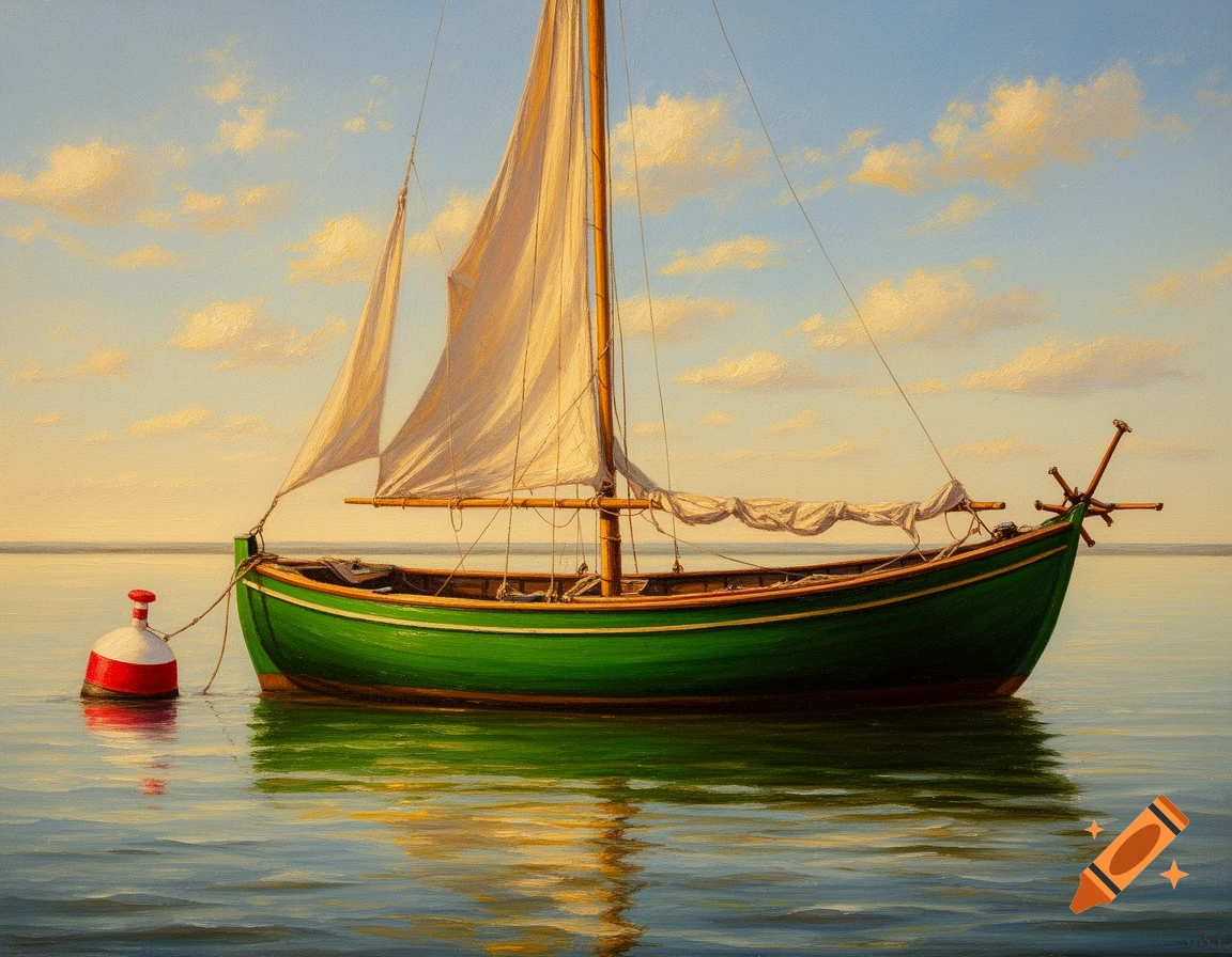 Oil painting of a green sailboat with white sails and a red and white buoy on calm water under a blue sky with clouds.