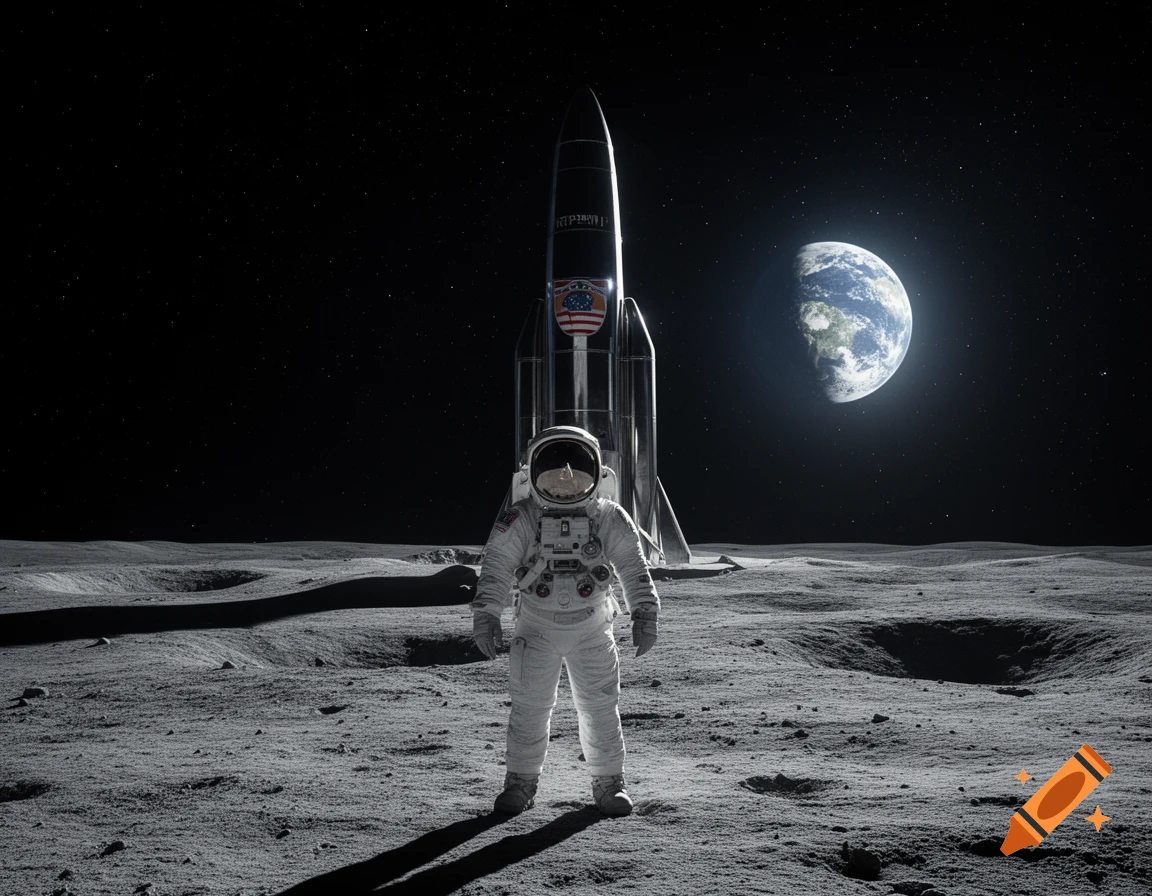 An astronaut stands on the moon's surface, looking towards the viewer, with a large rocket ship behind them and Earth visible in the dark starry sky.