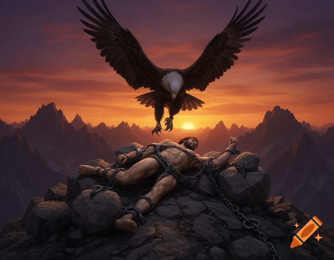 Prometheus chained to a rocky mountain, an eagle with outstretched wings descends towards him against a vibrant sunset.
