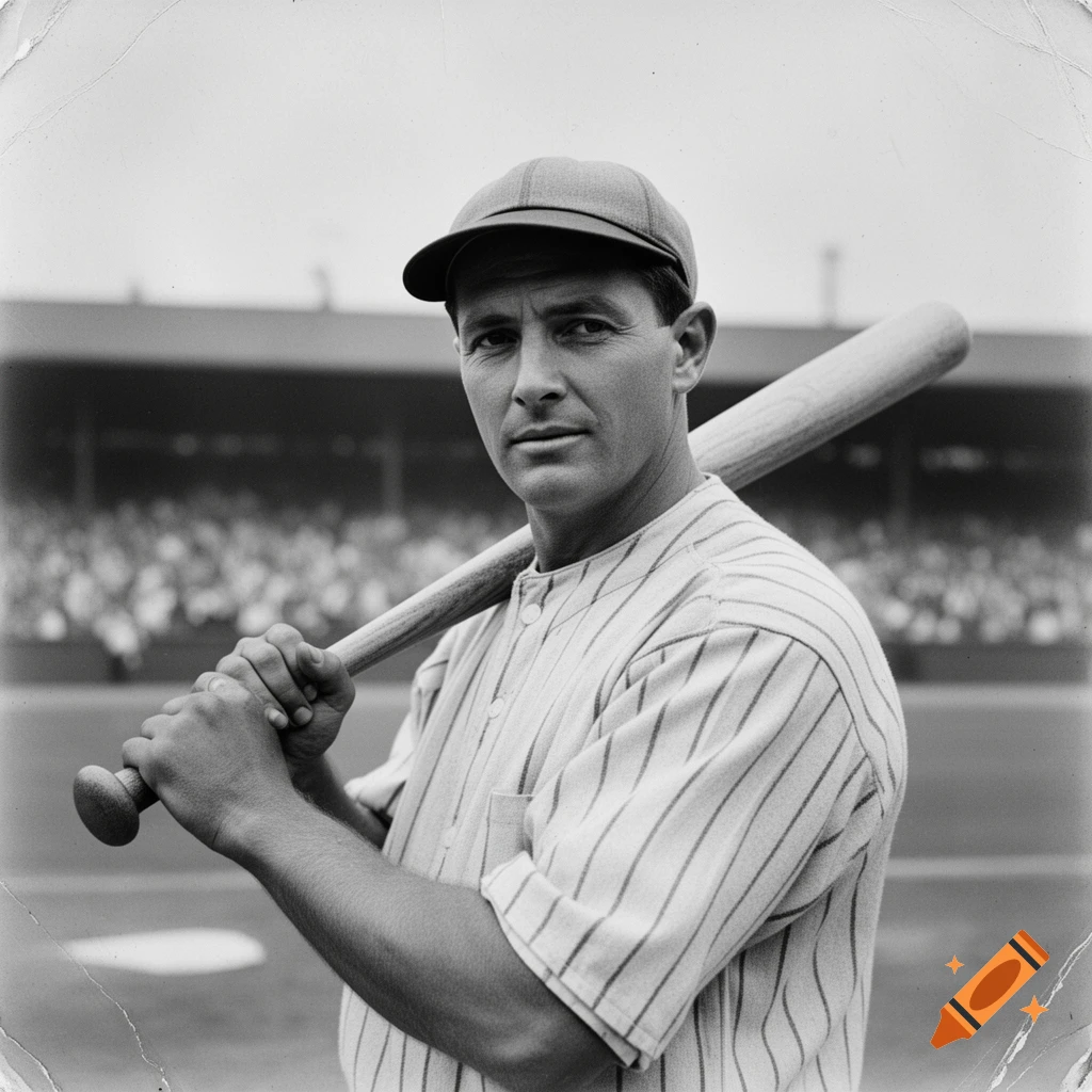 A black and white portrait of a 1920s baseball player in uniform, holding a bat on his shoulder.