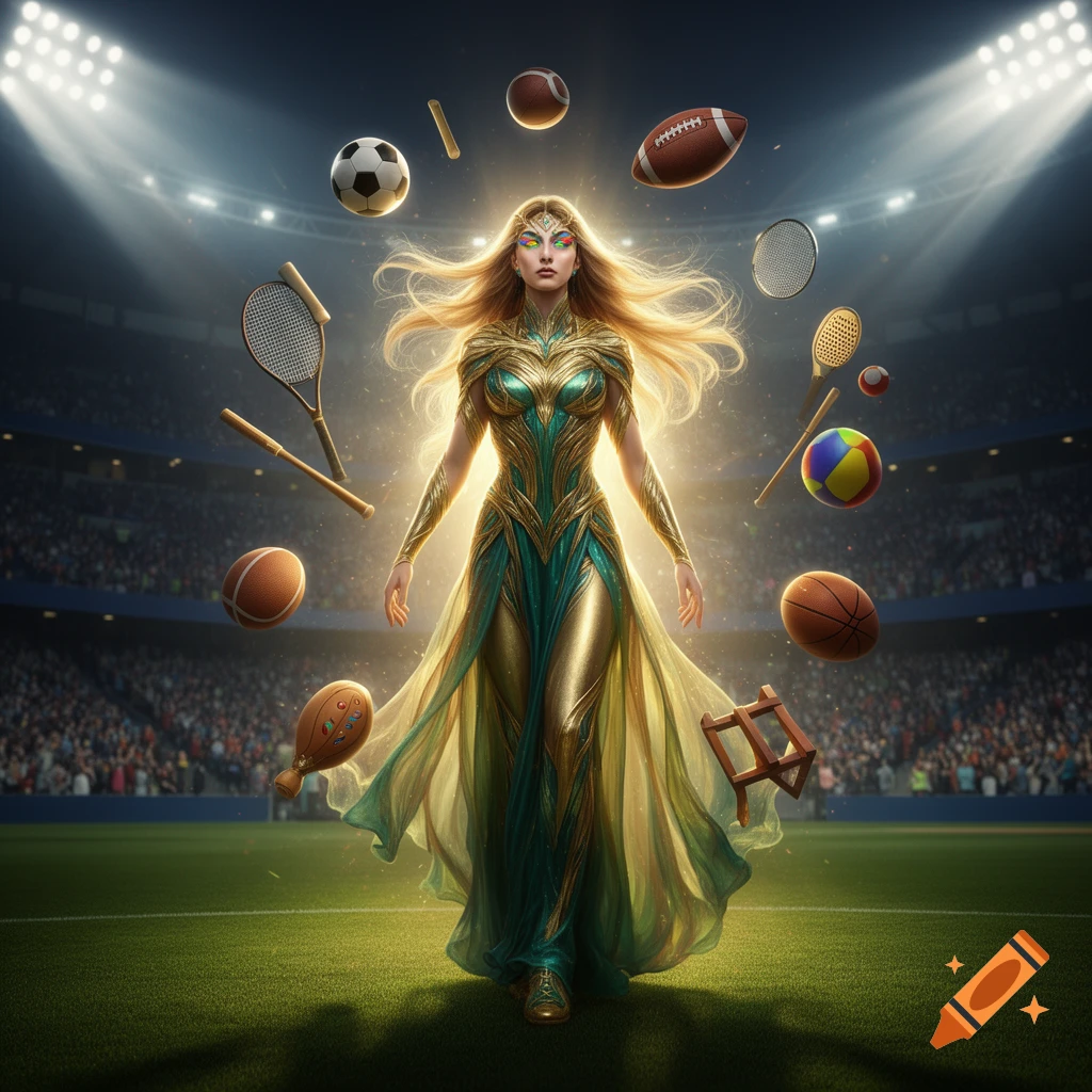 Radiant goddess in green and gold gown on a stadium field, surrounded by floating sports equipment.