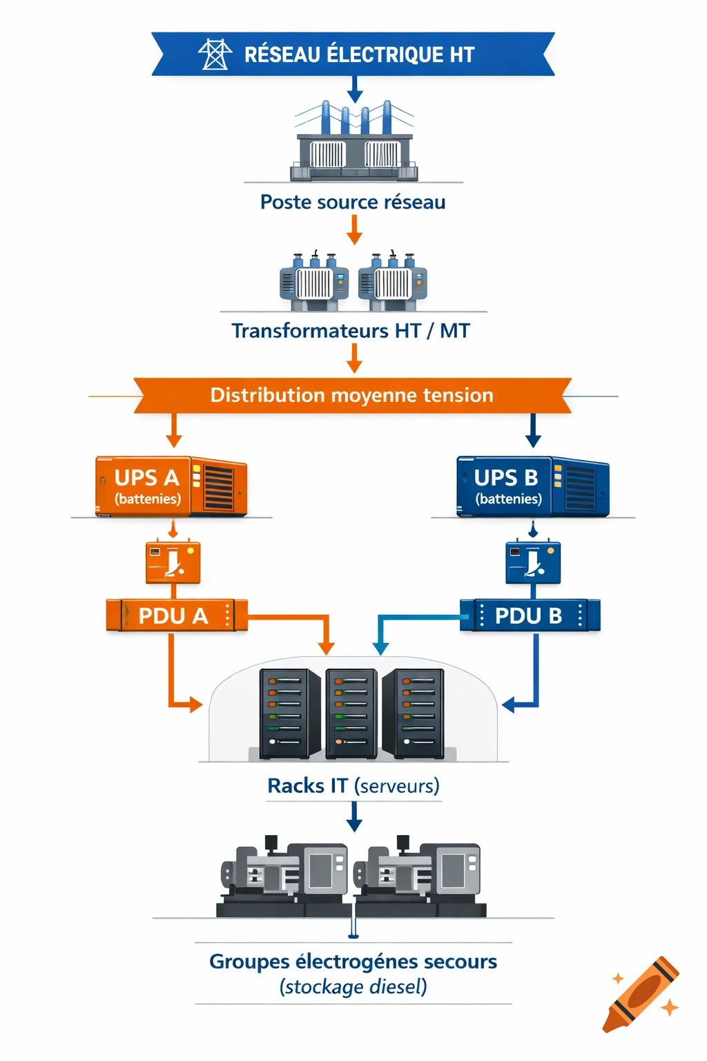 A blue and orange technical diagram illustrating data center power infrastructure flow from a high-voltage grid to servers and backup generators, with French labels.