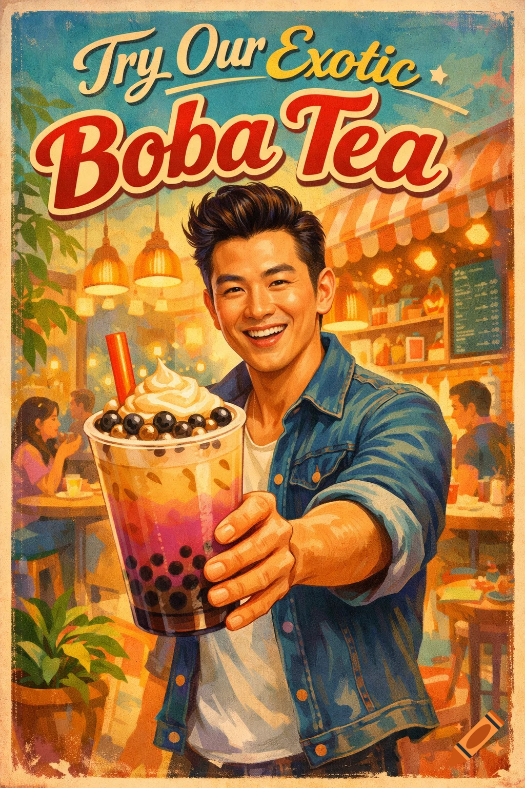 Vintage poster of a smiling man in a denim jacket offering a boba tea ...