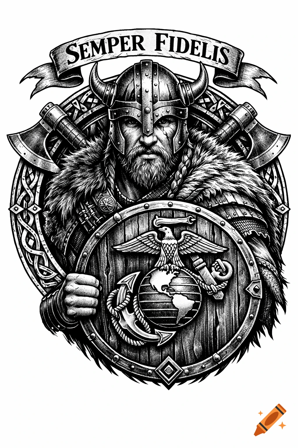 Detailed black and grey tattoo design of a fierce Viking warrior with a shield featuring the USMC emblem, crossed axes, and a 'Semper Fidelis' banner.